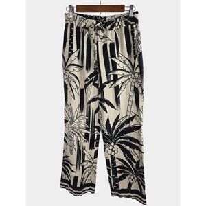 Rachel Zoe Pants Size M Drawstring Tropical Print Linen Blend Black & Beige